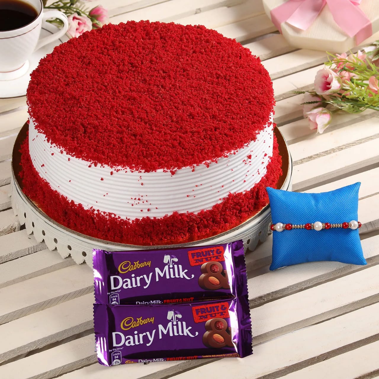 Red Velvet Cake With Rakhi and Chocolates