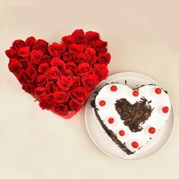 Heart Shaped Red Roses with Black Forest Cake