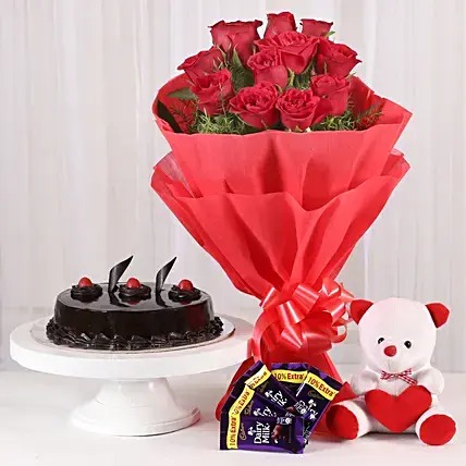 Red Roses with Teddy Bear, Dairy Milk & Truffle Cake