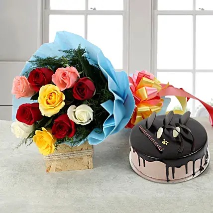10 Mix Roses with Chocolate Cake