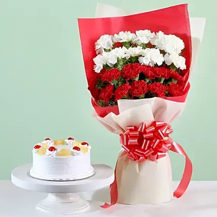 Red & White Carnations With Pineapple Cake