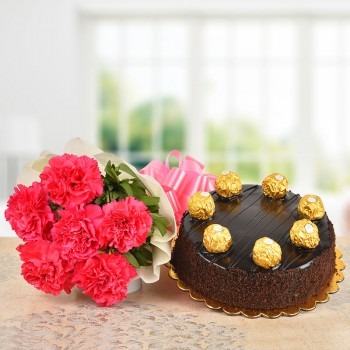 Ferrero Chocolate Cake and 6 Pink Carnations