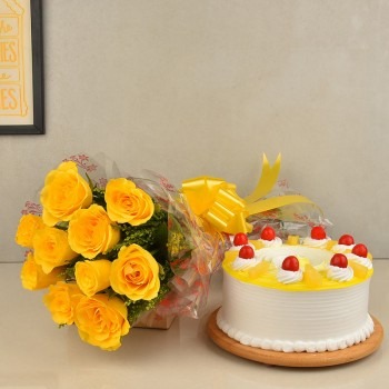 Glorious Yellow Roses and Pineapple Cake combo