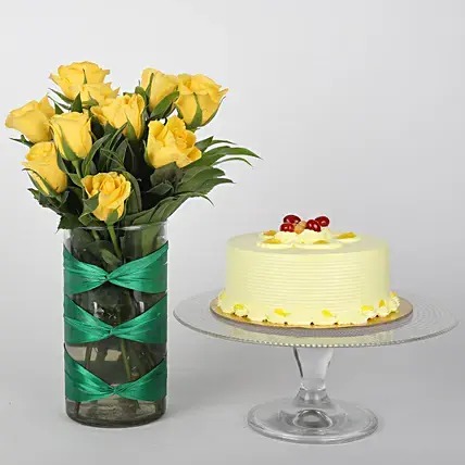 Yellow Roses Vase & Butterscotch Cake Combo