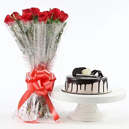 Red Roses And Chocolate Cake Combo