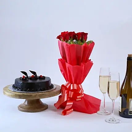 Truffle Chocolate Cake with 6 Red Roses