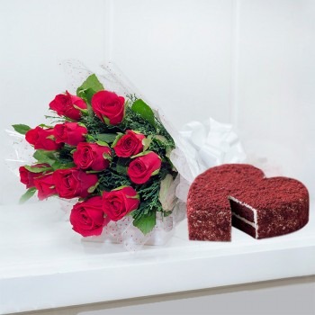 Red Velvet Heart Cake with romantic Red Roses