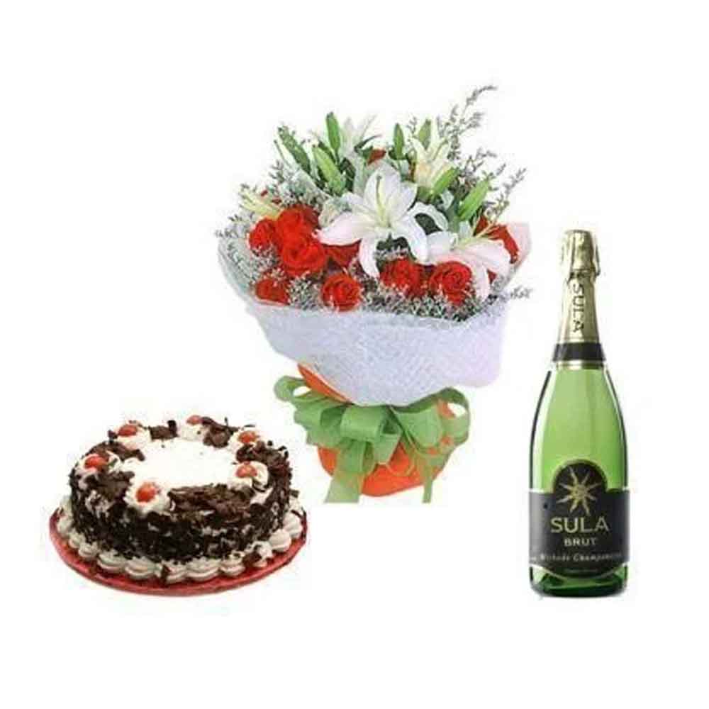 Flower Bouquet with Champagne and Cake
