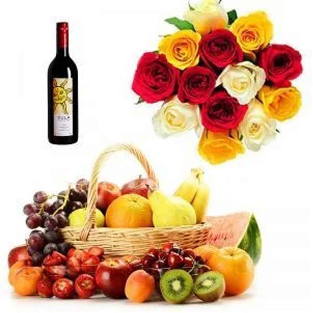 Sula Red Wine with Mix Roses n Fruit Basket