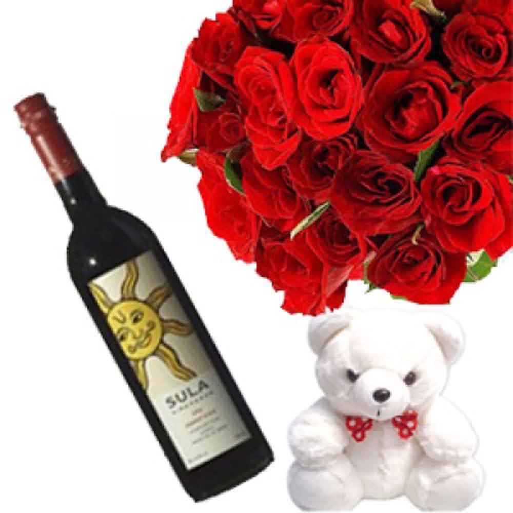 12 Red Roses with Sula Wine n Teddy