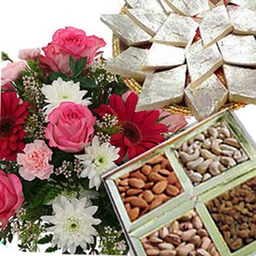 Flowers with Kaju Katli and Dry Fruits