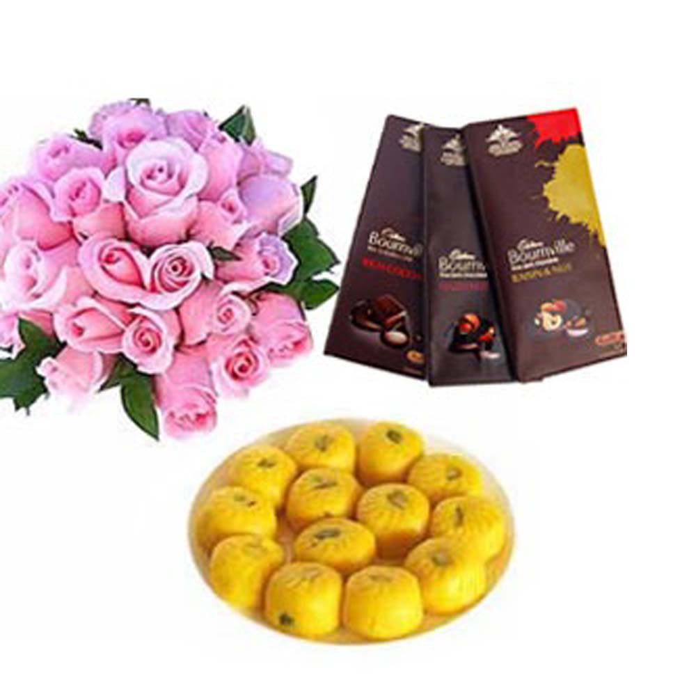 12 Pink Roses with Kesar Peda n 3 Bourneville