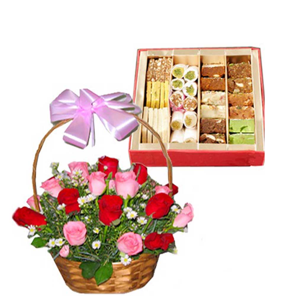 Mix Rose Basket with Mix Sweets