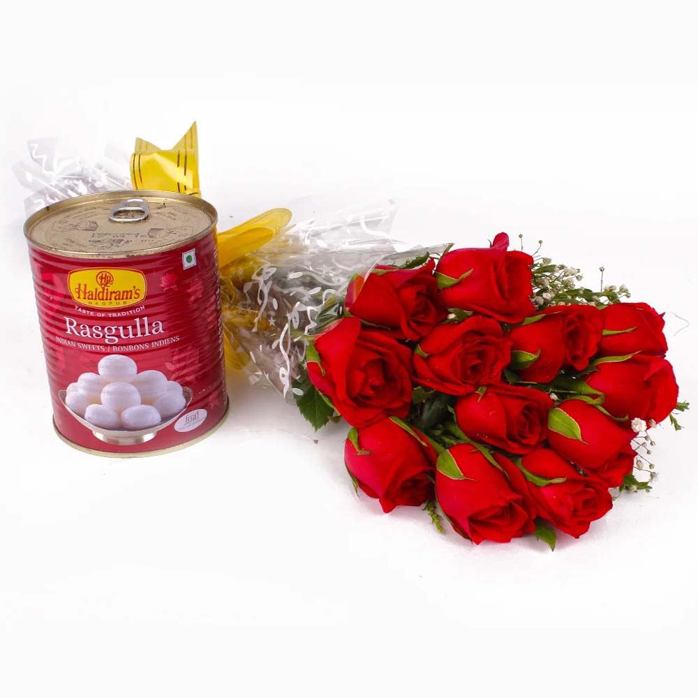 12 Roses with Rasgulla