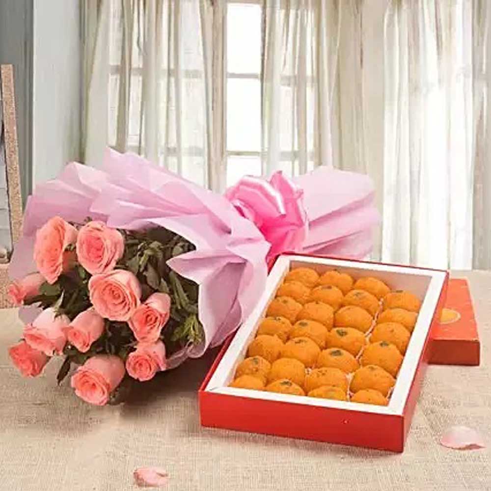 Roses with Motichur Laddu