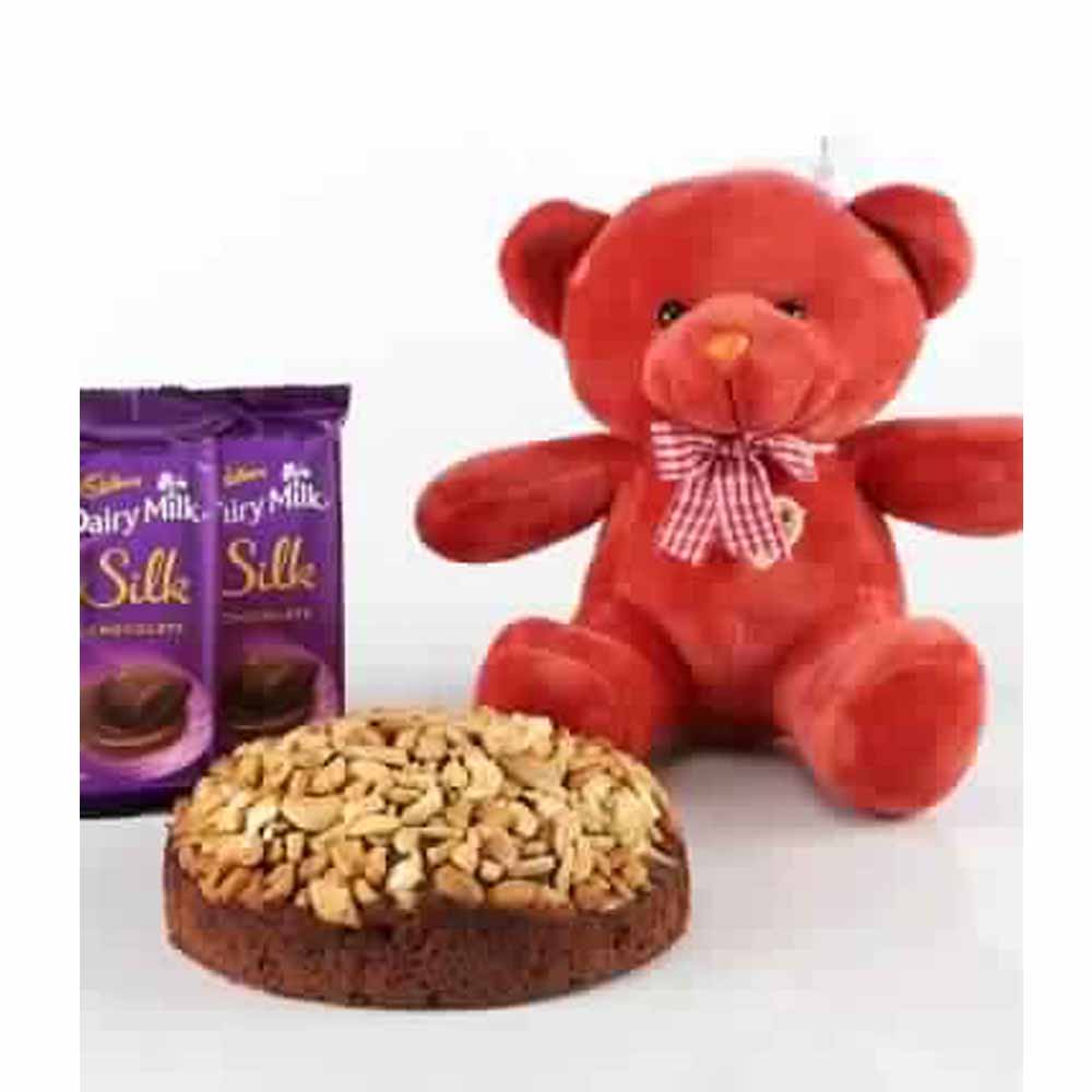 Dry Cake With Teddy Bear and Chocolates Combo