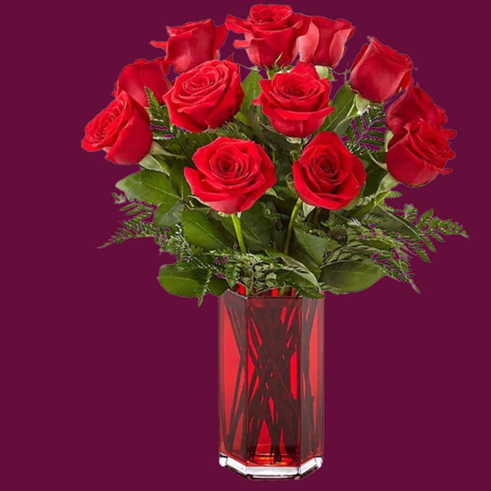 12 Red Roses with Glass Vase