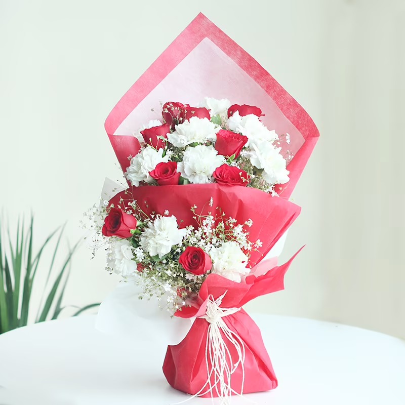 White Carnation and Red Roses Bunch