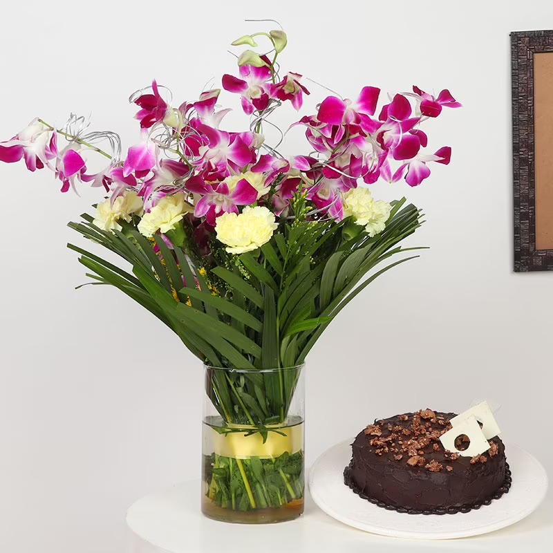 Purple orchids With Chocolate Cake