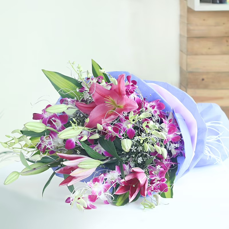 Bouquet of Purple Orchids and Pink Lilies