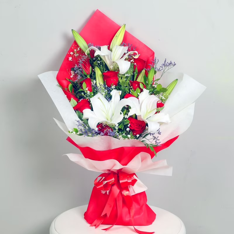 Bouquet of Lilies with Red Rose
