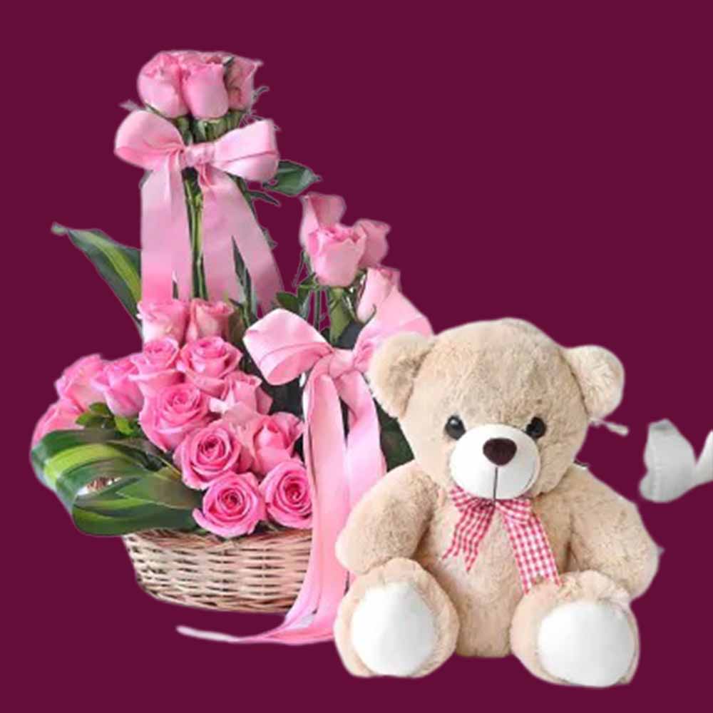 combo pink roses and  teddy bear