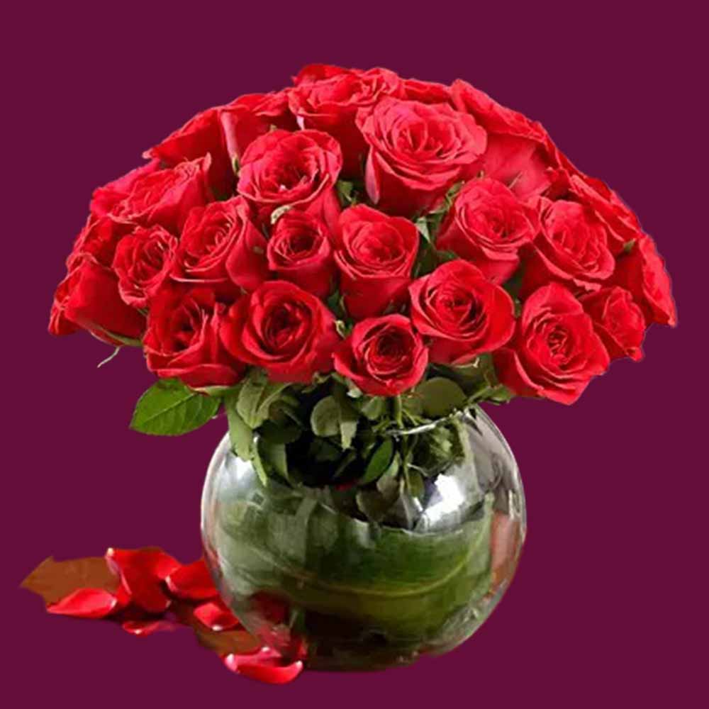 30 Red roses with glass bowl