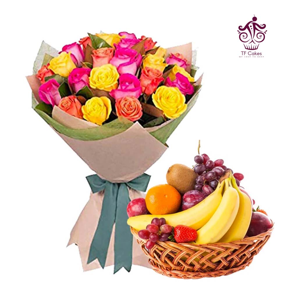 Mix Roses With Fruit Basket