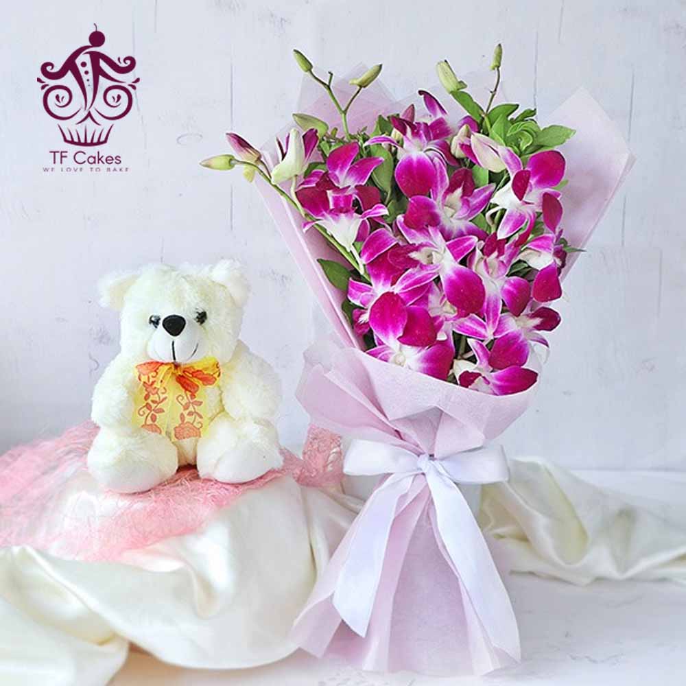 6 Purple Orchids with 12 Inches Teddy