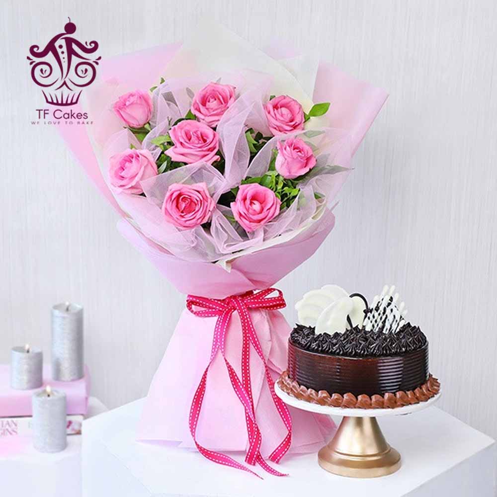 8 Pink Rose with Cake
