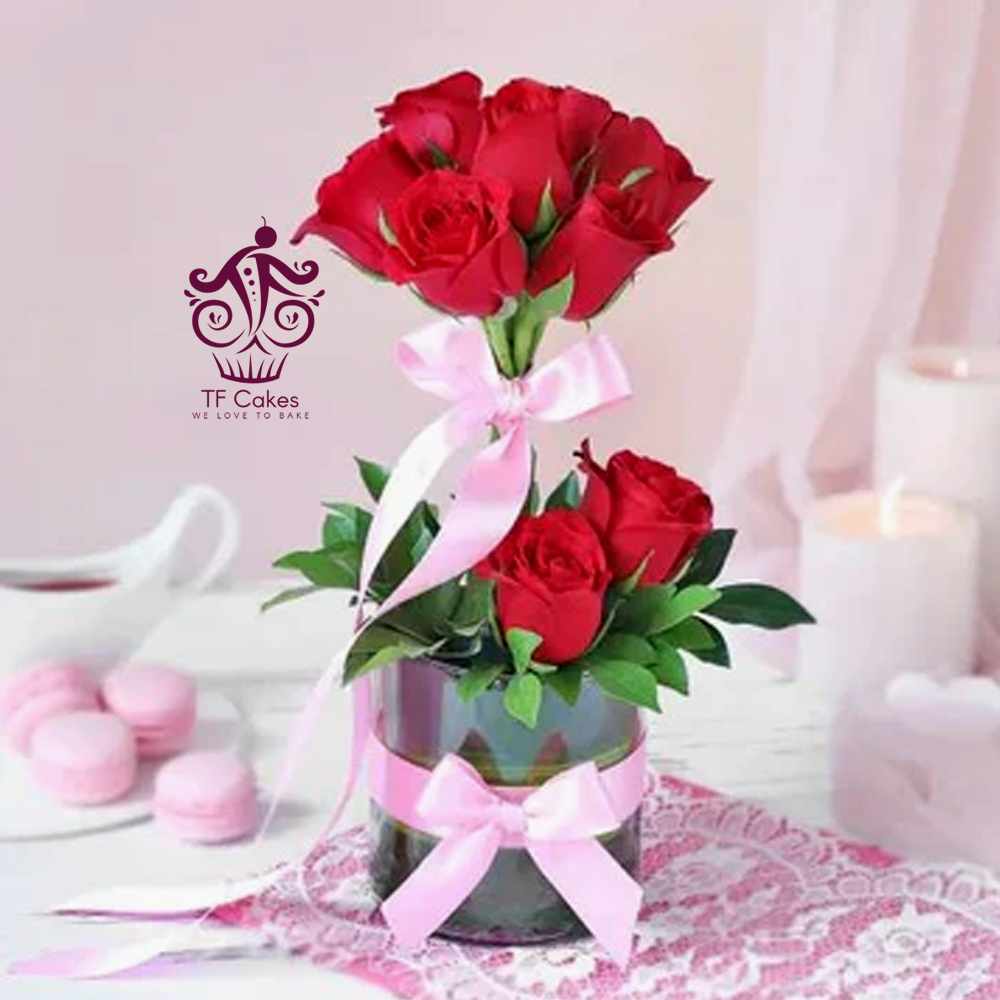 Red Roses Bouquet with Beautiful Pink Ribbon