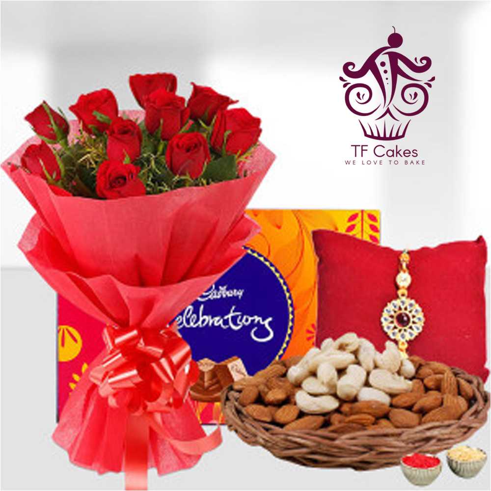 Rakhi With Lovely Roses And Dry Fruits