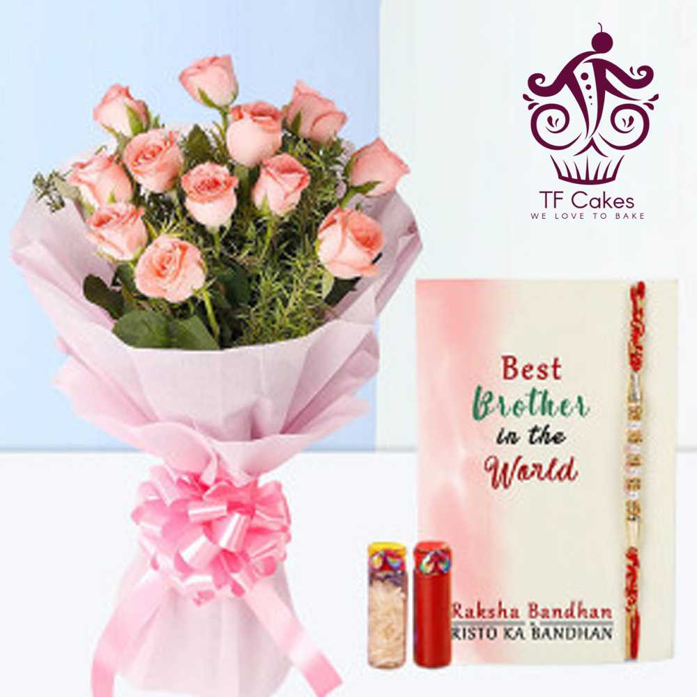 Pink Rose Bouquet with Rakhi