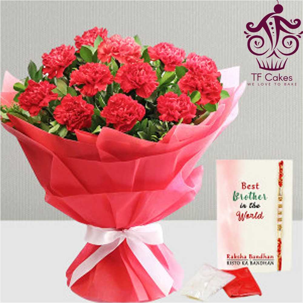 Red Carnation Bunch with Rakhi